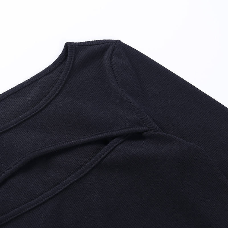 เสื้อยืดคอกลมแขนยาวเข้ารูปซีทรูเซ็กซี่สไตล์ลำลอง สีดำล้วน