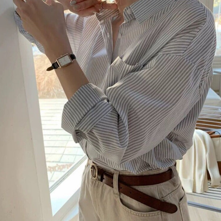 เสื้อเบลาส์ลายทาง ปกพับ แขนยาว ทรงหลวมสำหรับผู้หญิง เสื้อลำลอง