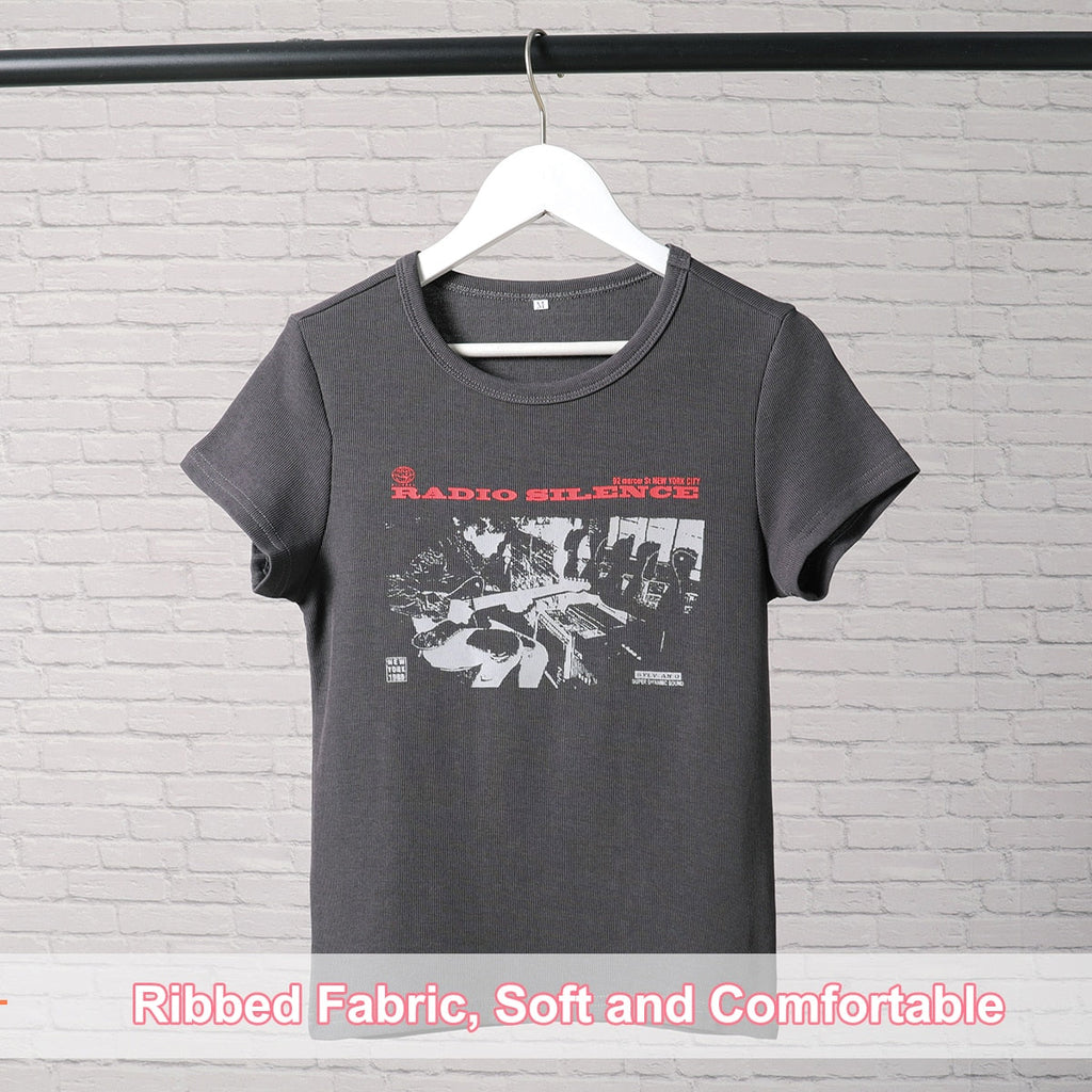 เสื้อยืดลายกราฟิกคลาสสิกร็อกสำหรับผู้หญิง เสื้อยืดคอตตอนแขนสั้นคอกลมฤดูร้อน