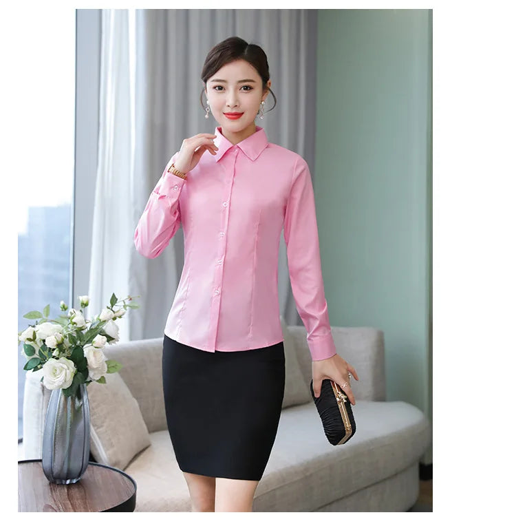 เสื้อเชิ้ตผู้หญิงแขนยาว ผ้าโพลีเอสเตอร์ผสมคอตตอน