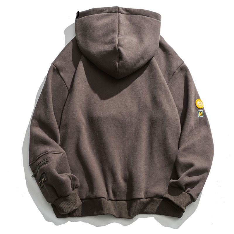 เสื้อฮู้ดเสื้อสเวตเตอร์ผ้าฟลีซสตรีทแวร์แต่งลายหน้ายิ้มแบบแพตช์เวิร์กพร้อมกระเป๋าซิป