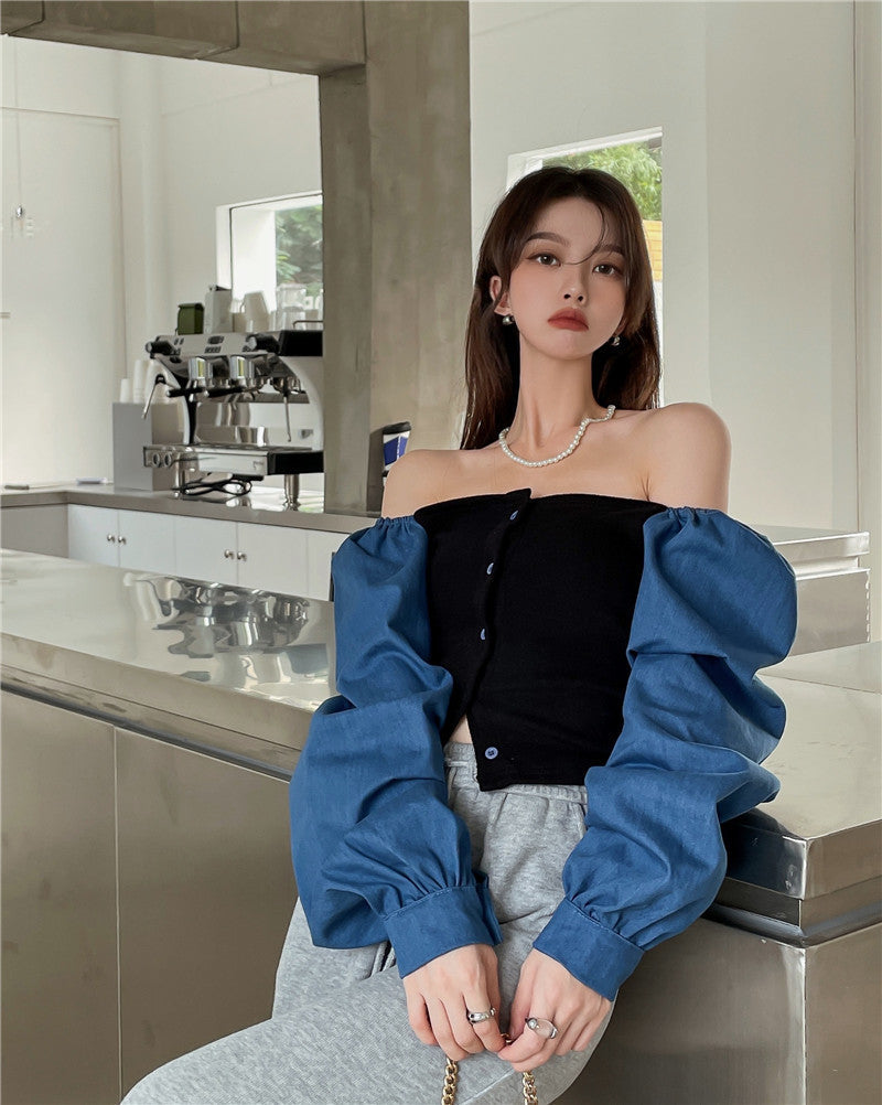 เสื้อเชิ้ตเดนิมต่อผ้าสไตล์ฝรั่งเศสสำหรับผู้หญิง คอเหลี่ยม แขนตุ๊กตา แขนยาว ทรงครอป