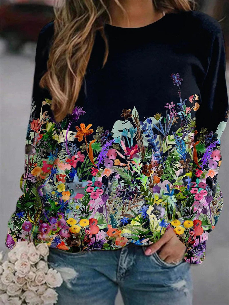 เสื้อสเวตเตอร์ผู้หญิงลายดอกไม้ ทรงหลวม แขนยาว คอกลม เสื้อยืดแมตช์ง่าย