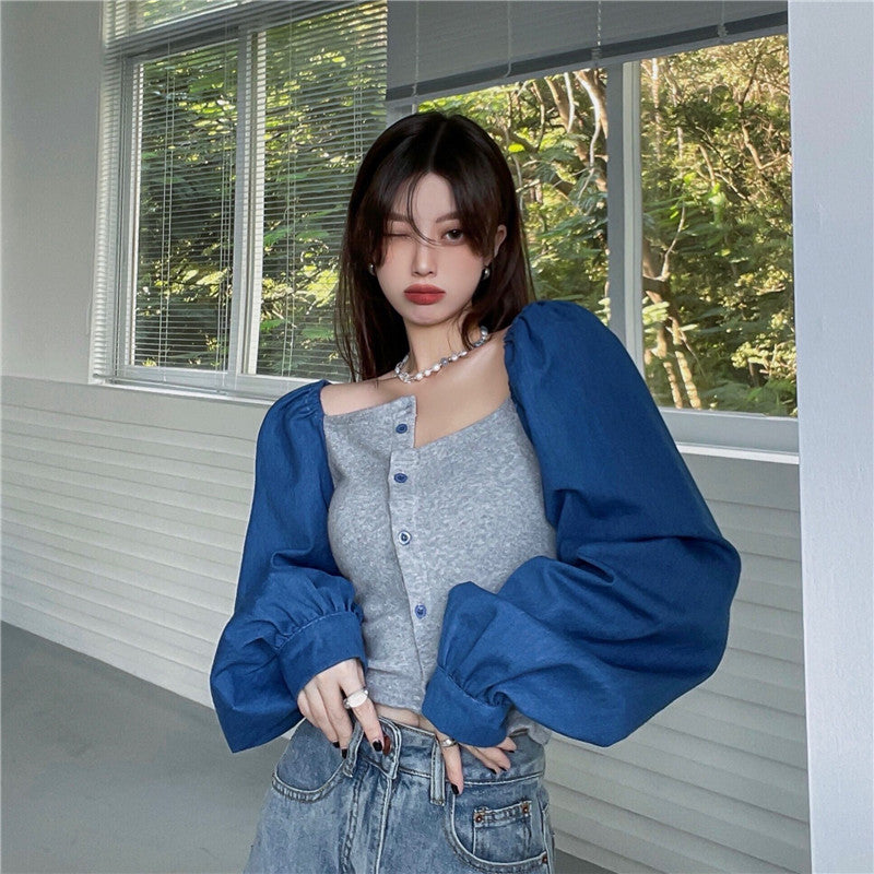 เสื้อเชิ้ตเดนิมต่อผ้าสไตล์ฝรั่งเศสสำหรับผู้หญิง คอเหลี่ยม แขนตุ๊กตา แขนยาว ทรงครอป