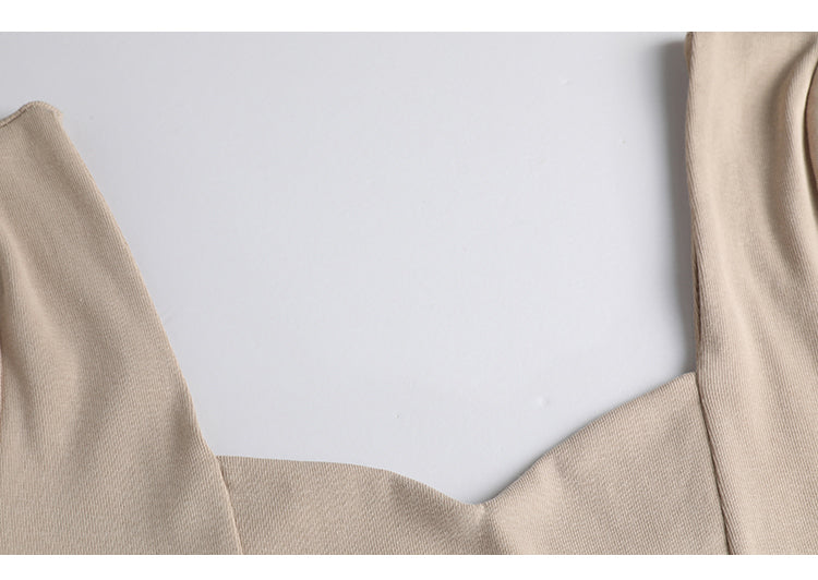 เสื้อคอเหลี่ยมเว้าไหปลาร้าสไตล์ฝรั่งเศส เสื้อครอปเอวสูงแขนสั้นสำหรับผู้หญิง