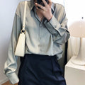 เสื้อเชิ้ตผ้าซาตินแขนยาวปกพับ ดูหรูหรา เหมาะสำหรับชุดทำงานสุภาพสตรีในออฟฟิศ