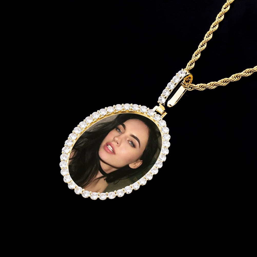สร้อยคอจี้รูปภาพสั่งทำพิเศษ จี้เหรียญทรงรี จี้เพชรเซอร์โคเนีย เครื่องประดับแฟชั่นฮิปฮอป