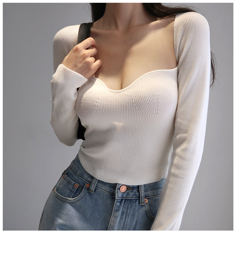 เสื้อไหมพรมผู้หญิงคอเหลี่ยมสไตล์วินเทจฝรั่งเศส ทรงเข้ารูป แขนยาว สวมหัว T-shirt