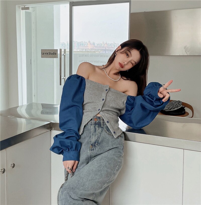 เสื้อเชิ้ตเดนิมต่อผ้าสไตล์ฝรั่งเศสสำหรับผู้หญิง คอเหลี่ยม แขนตุ๊กตา แขนยาว ทรงครอป