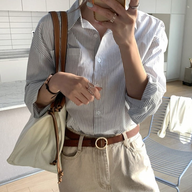 เสื้อเบลาส์ลายทาง ปกพับ แขนยาว ทรงหลวมสำหรับผู้หญิง เสื้อลำลอง