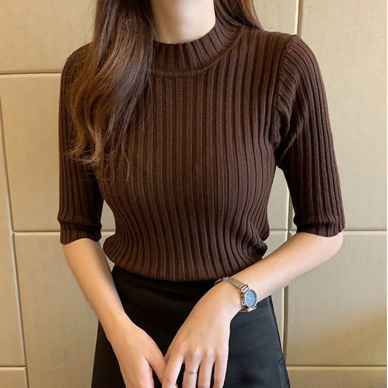 เสื้อยืดผู้หญิงผ้าถักแขนสั้น ทรงพื้นฐาน ยืดหยุ่นดี