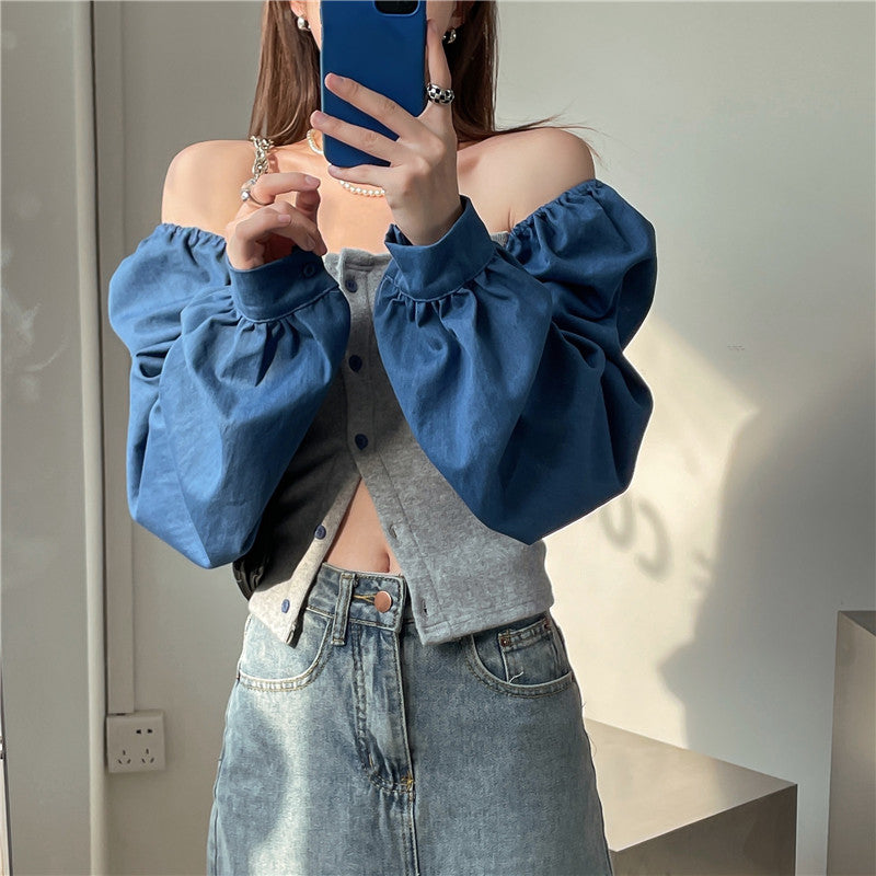 เสื้อเชิ้ตเดนิมต่อผ้าสไตล์ฝรั่งเศสสำหรับผู้หญิง คอเหลี่ยม แขนตุ๊กตา แขนยาว ทรงครอป