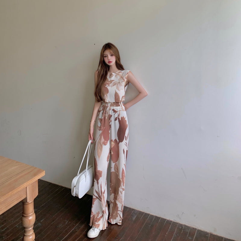 ชุดเซ็ตผู้หญิงสองชิ้นสำหรับฤดูร้อน เสื้อกั๊กแขนกุดลายพิมพ์ + กางเกงขายาวลำลองสำหรับผู้หญิง