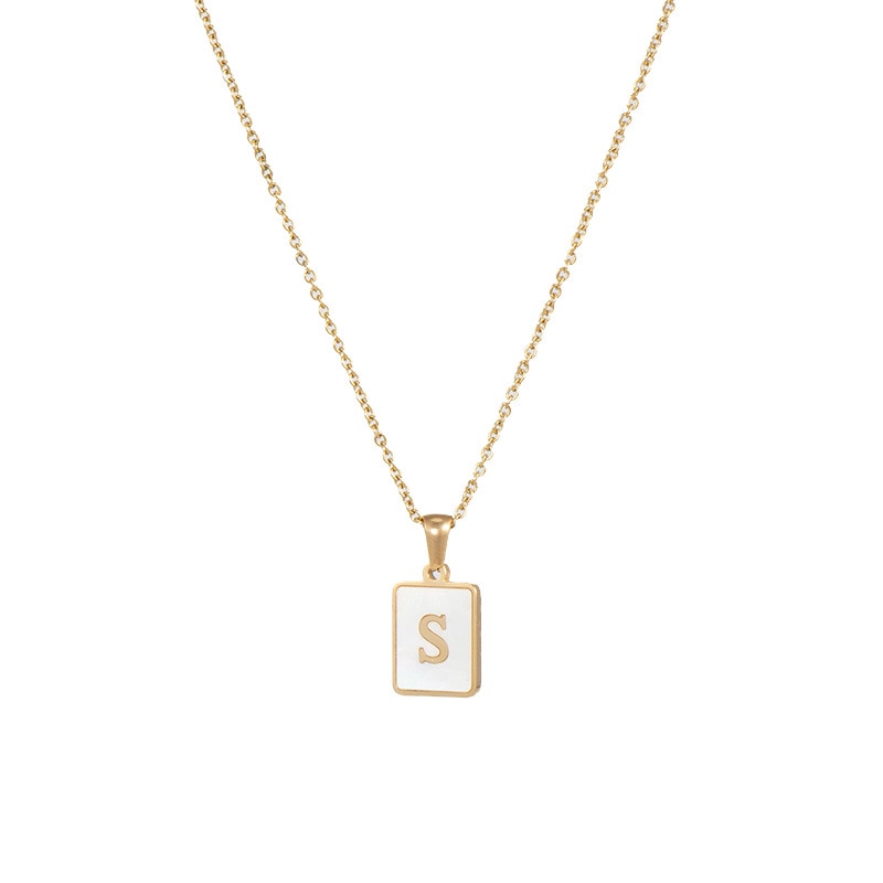 18K Golden Chain Necklaces Male Square Natural Shell Initial Letters Pendant Stainless Steel Jewelry
