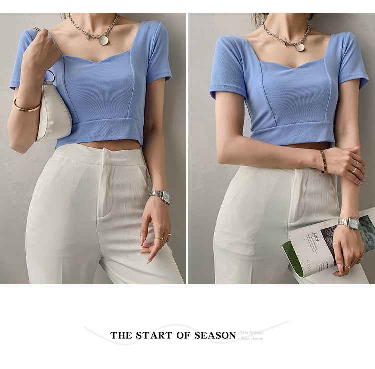 เสื้อคอเหลี่ยมเว้าไหปลาร้าสไตล์ฝรั่งเศส เสื้อครอปเอวสูงแขนสั้นสำหรับผู้หญิง