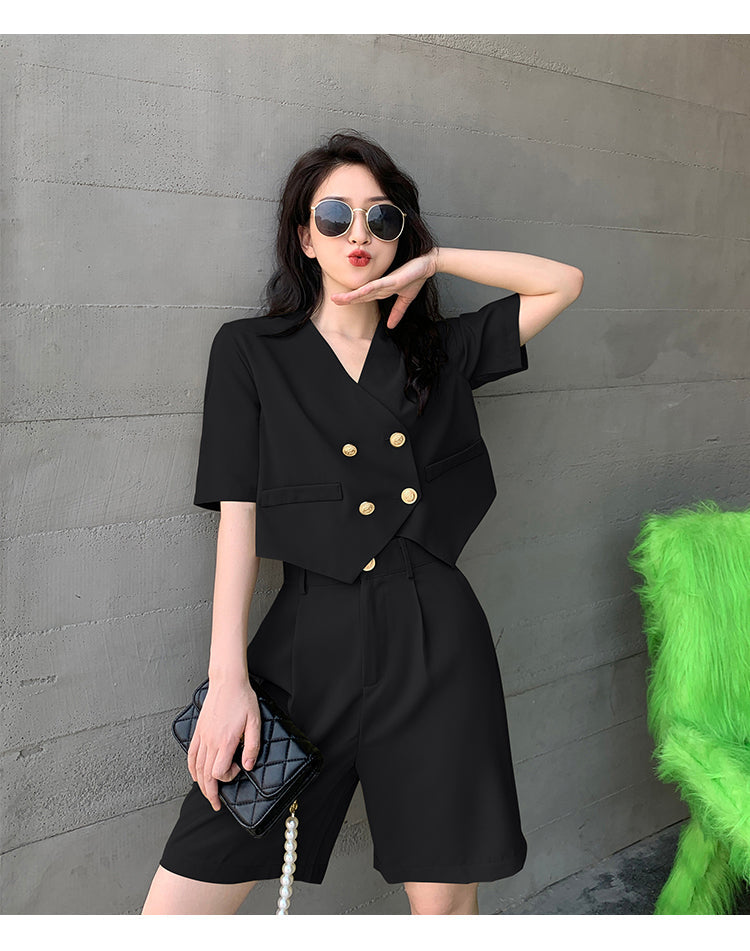 ชุดเซ็ตขาสั้นแฟชั่นใส่ทำงานสำหรับผู้หญิง สไตล์เกาหลี ชุดสูทสองชิ้นทรงหลวม เนื้อผ้าบางเบาสีฤดูร้อน