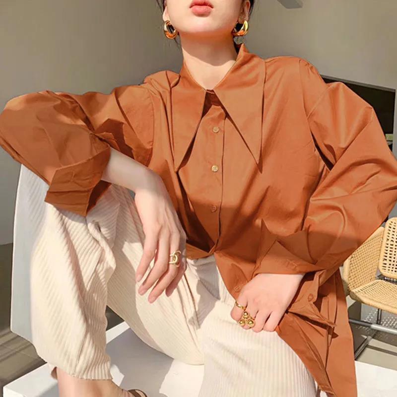 เสื้อเชิ้ตสีขาวคอปกแหลมขนาดใหญ่สำหรับผู้หญิง สไตล์วินเทจ ทรงหลวม แขนยาว