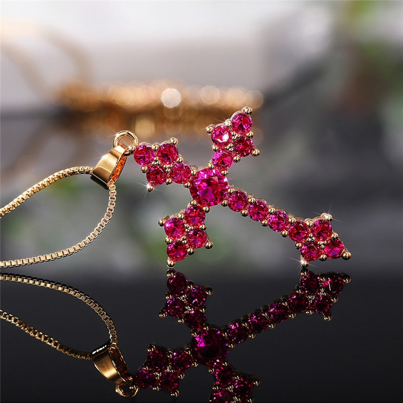 สร้อยคอแฟชั่นรูปไม้กางเขน สีขาว/แดงอมชมพู/เขียว-น้ำเงิน สำหรับผู้หญิง เงางาม มีสไตล์ เครื่องประดับสำหรับงานปาร์ตี้