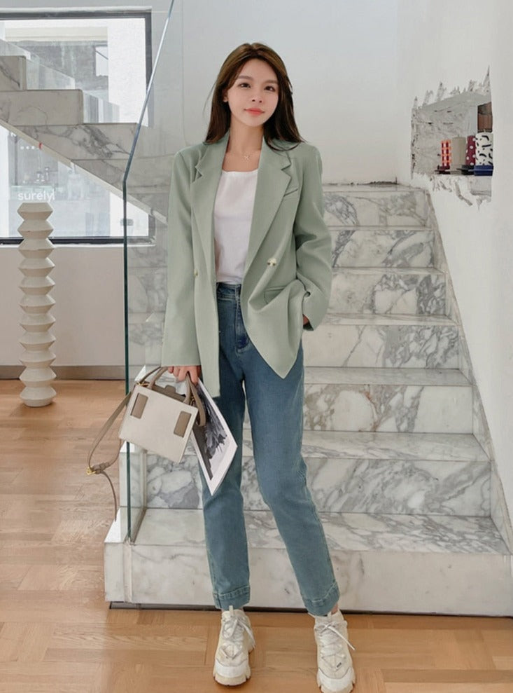 เสื้อแจ็กเก็ตผู้หญิงทรงโอเวอร์ไซส์ หลวม กระดุมสองแถว เสื้อสูทผู้หญิง เรียบหรู