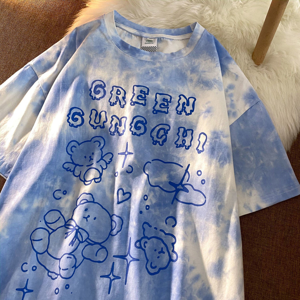 เสื้อยืดผู้หญิงแขนสั้นสำหรับฤดูร้อน สไตล์ฮาราจูกุ สตรีทแวร์ เสื้อยืดโอเวอร์ไซส์ลายมัดย้อม