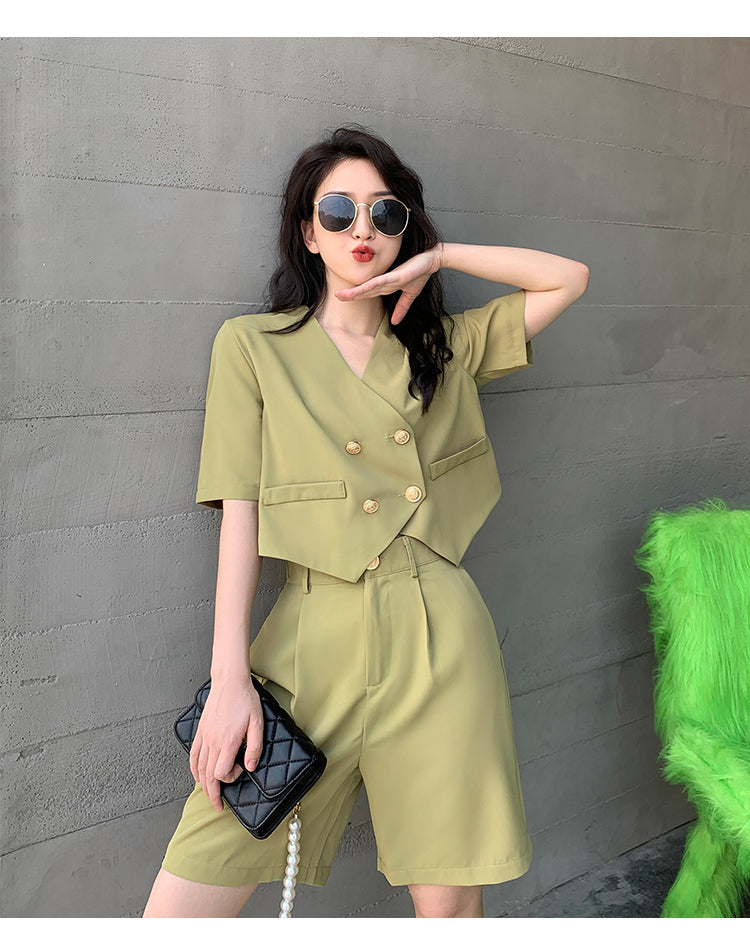 ชุดเซ็ตขาสั้นแฟชั่นใส่ทำงานสำหรับผู้หญิง สไตล์เกาหลี ชุดสูทสองชิ้นทรงหลวม เนื้อผ้าบางเบาสีฤดูร้อน