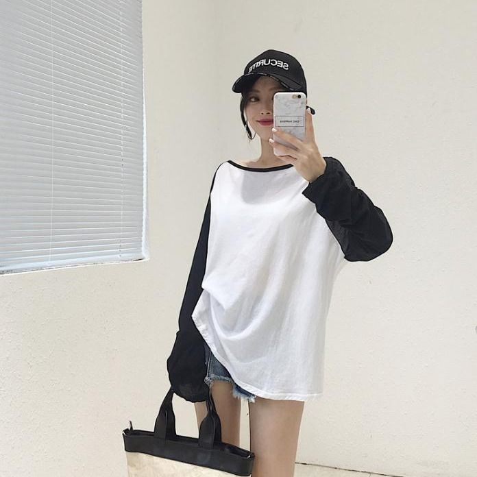 เสื้อยืดผู้หญิง คอกลม สีตัดกัน แขนยาว เสื้อยืดผู้หญิงสำหรับฤดูใบไม้ผลิ