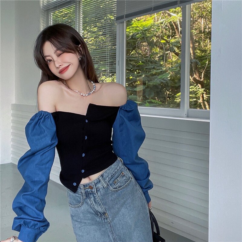 เสื้อเชิ้ตเดนิมต่อผ้าสไตล์ฝรั่งเศสสำหรับผู้หญิง คอเหลี่ยม แขนตุ๊กตา แขนยาว ทรงครอป