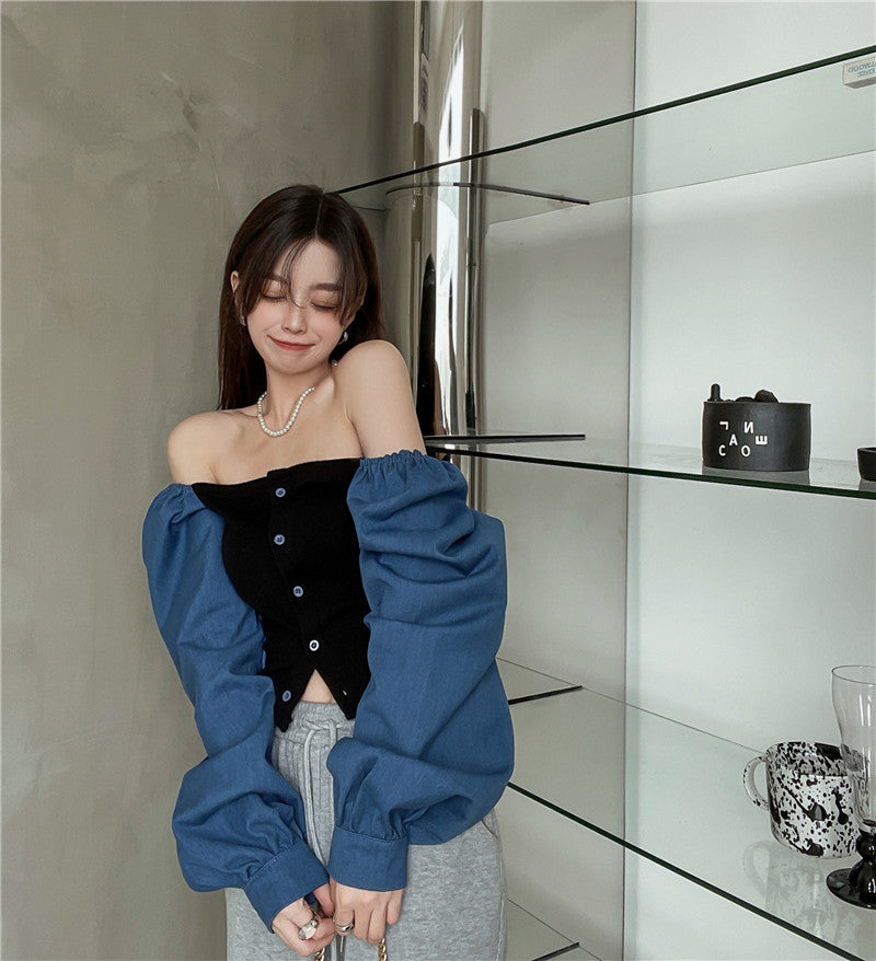 เสื้อเชิ้ตเดนิมต่อผ้าสไตล์ฝรั่งเศสสำหรับผู้หญิง คอเหลี่ยม แขนตุ๊กตา แขนยาว ทรงครอป