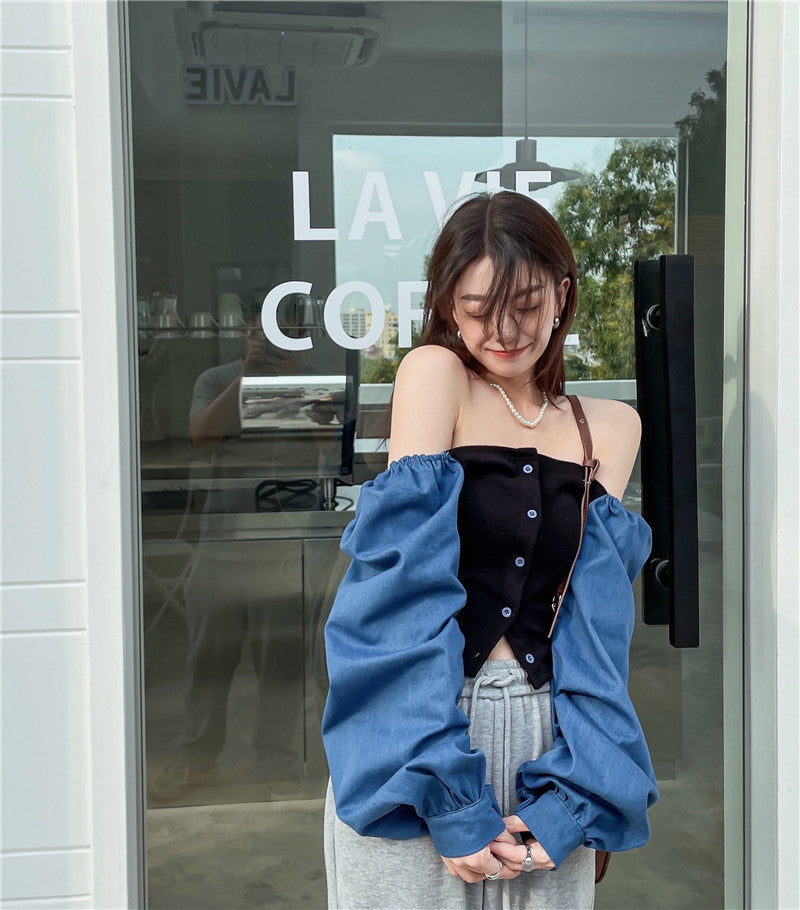 เสื้อเชิ้ตเดนิมต่อผ้าสไตล์ฝรั่งเศสสำหรับผู้หญิง คอเหลี่ยม แขนตุ๊กตา แขนยาว ทรงครอป