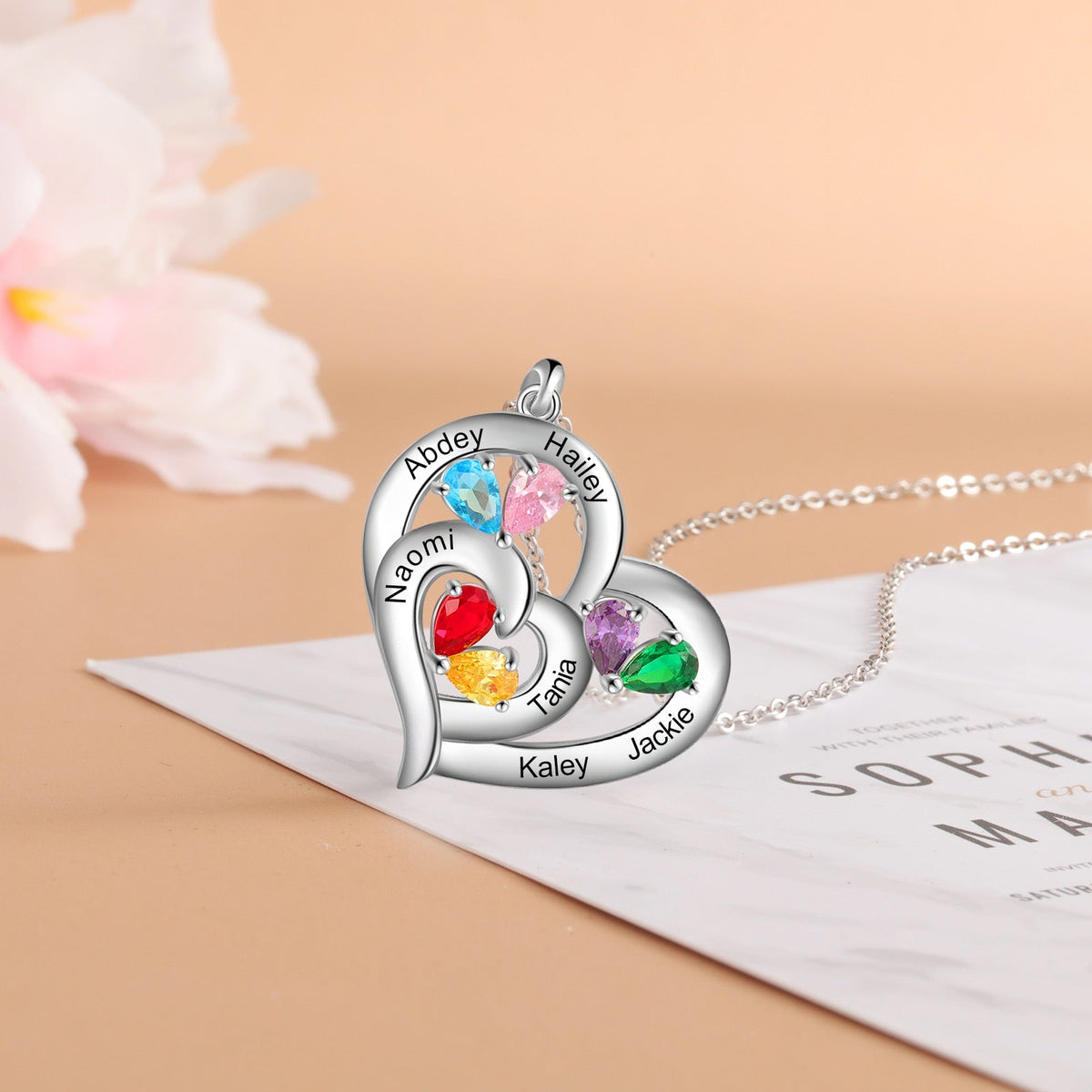 จี้รูปหัวใจสลักชื่อ 1-6 ตัวอัปเดตสร้อยคออัญมณีประจำเดือนเกิด DIY