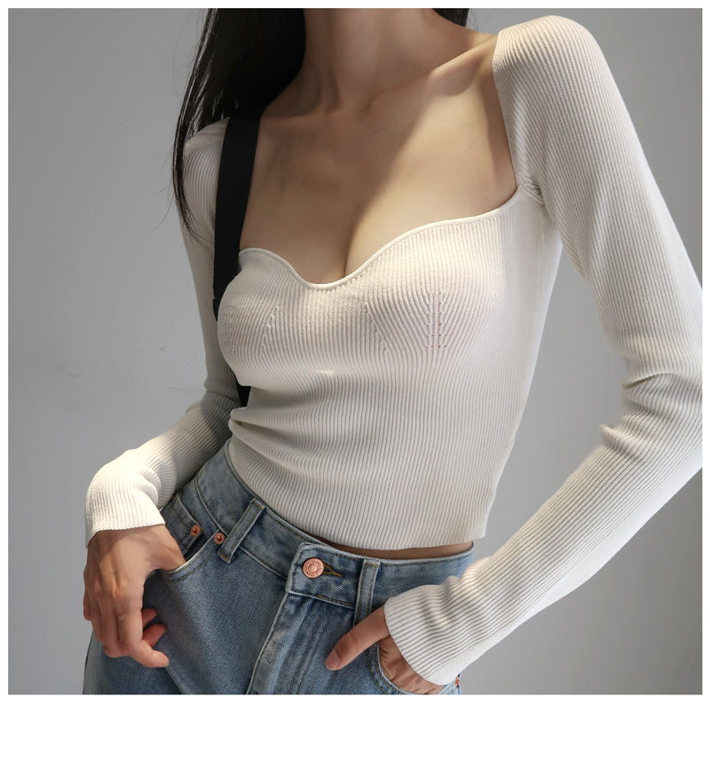 เสื้อไหมพรมผู้หญิงคอเหลี่ยมสไตล์วินเทจฝรั่งเศส ทรงเข้ารูป แขนยาว สวมหัว T-shirt
