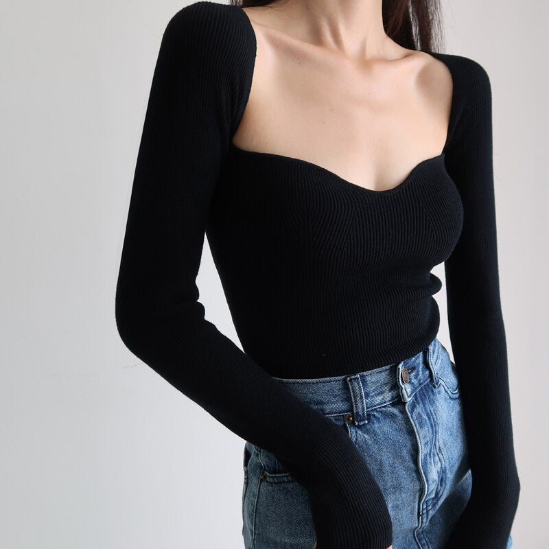 เสื้อไหมพรมผู้หญิงคอเหลี่ยมสไตล์วินเทจฝรั่งเศส ทรงเข้ารูป แขนยาว สวมหัว T-shirt