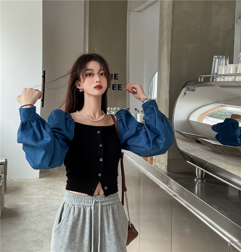 เสื้อเชิ้ตเดนิมต่อผ้าสไตล์ฝรั่งเศสสำหรับผู้หญิง คอเหลี่ยม แขนตุ๊กตา แขนยาว ทรงครอป