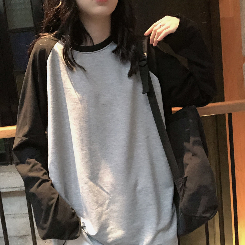 เสื้อยืดผู้หญิง คอกลม สีตัดกัน แขนยาว เสื้อยืดผู้หญิงสำหรับฤดูใบไม้ผลิ
