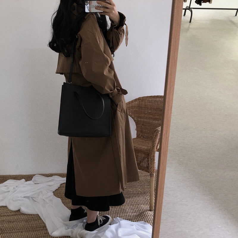 เสื้อโค้ททรงหลวม แฟชั่นฤดูใบไม้ร่วงและฤดูหนาว เสื้อกันลมกระดุมสองแถวสำหรับผู้หญิง