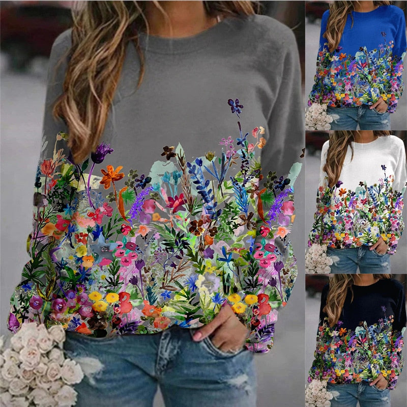 เสื้อสเวตเตอร์ผู้หญิงลายดอกไม้ ทรงหลวม แขนยาว คอกลม เสื้อยืดแมตช์ง่าย