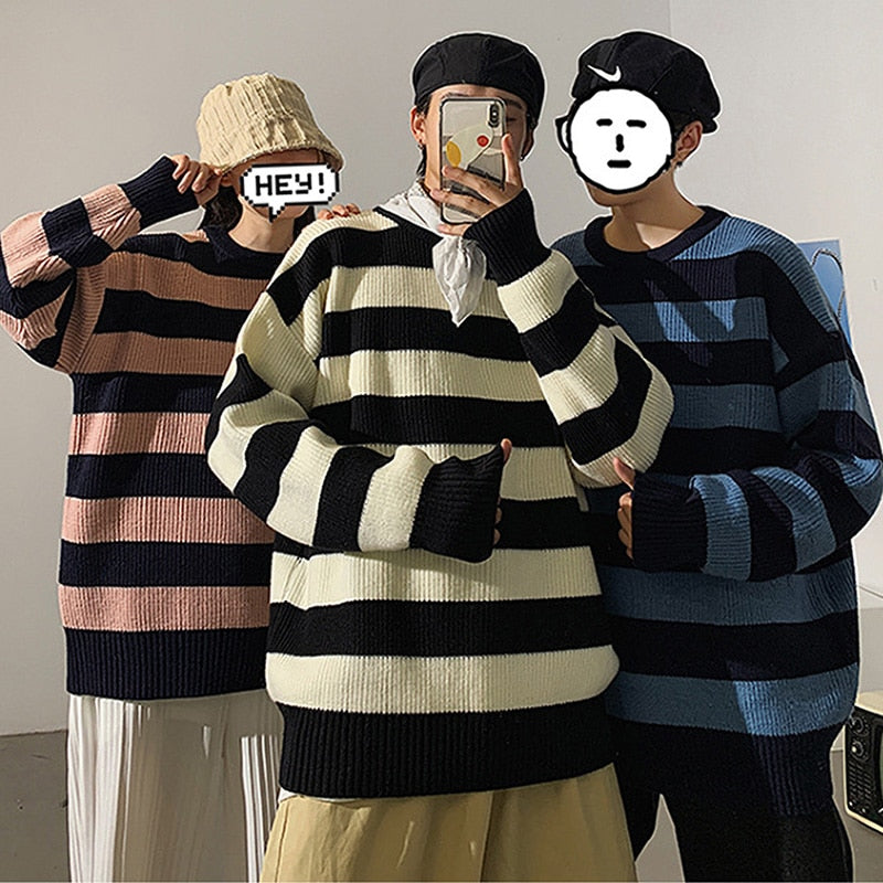 เสื้อสเวตเตอร์ไหมพรมลายทางสำหรับฤดูใบไม้ร่วงและฤดูหนาว เสื้อสวมหัวทรงโอเวอร์ไซส์สไตล์ลำลอง