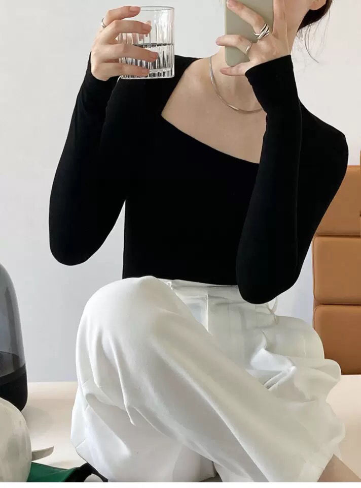 เสื้อแขนยาวผู้หญิง สีลูกกวาด เสื้อยืดรัดรูปแบบเซ็ตสองชิ้นหลอก สำหรับผู้หญิง