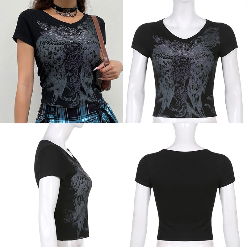 เสื้อยืดลายกราฟิกสไตล์กรันจ์ แฟรี่คอร์ ฮาราจูกุ สีเทา น่ารัก ลำลอง เสื้อท่อนบนสตรีทแวร์