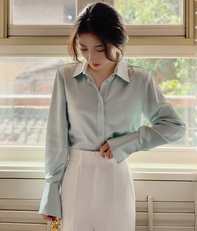 เสื้อเบลาส์ผ้าซาตินแขนยาวสำหรับผู้หญิง เสื้อเชิ้ตผู้หญิงทรงหลวมกระดุมแถวเดียว
