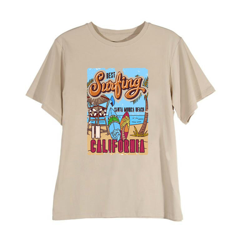 เสื้อยืดสีขาว 1 ตัว เสื้อยืดโอเวอร์ไซส์ลำลองสำหรับฤดูร้อน ดีที่สุดสำหรับเซิร์ฟที่ซานตาโมนิกา แคลิฟอร์เนีย สไตล์เรโทรสำหรับผู้หญิง