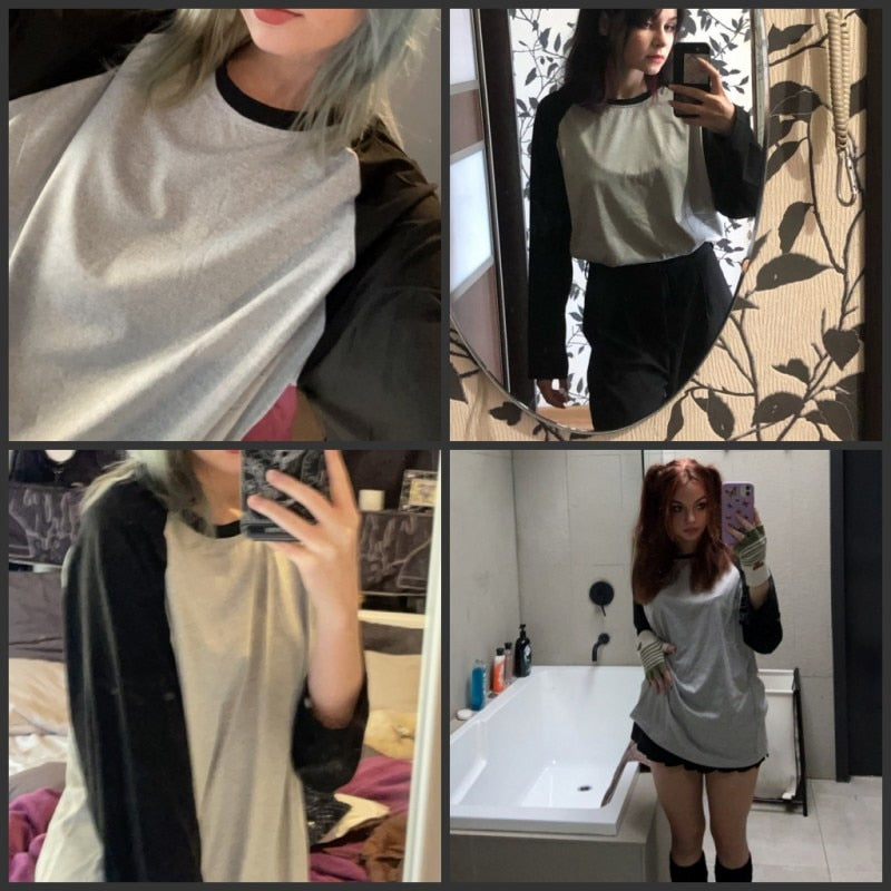 เสื้อยืดผู้หญิง คอกลม สีตัดกัน แขนยาว เสื้อยืดผู้หญิงสำหรับฤดูใบไม้ผลิ