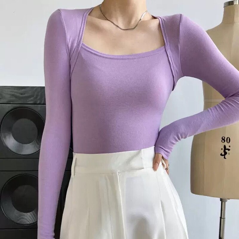 เสื้อแขนยาวผู้หญิง สีลูกกวาด เสื้อยืดรัดรูปแบบเซ็ตสองชิ้นหลอก สำหรับผู้หญิง