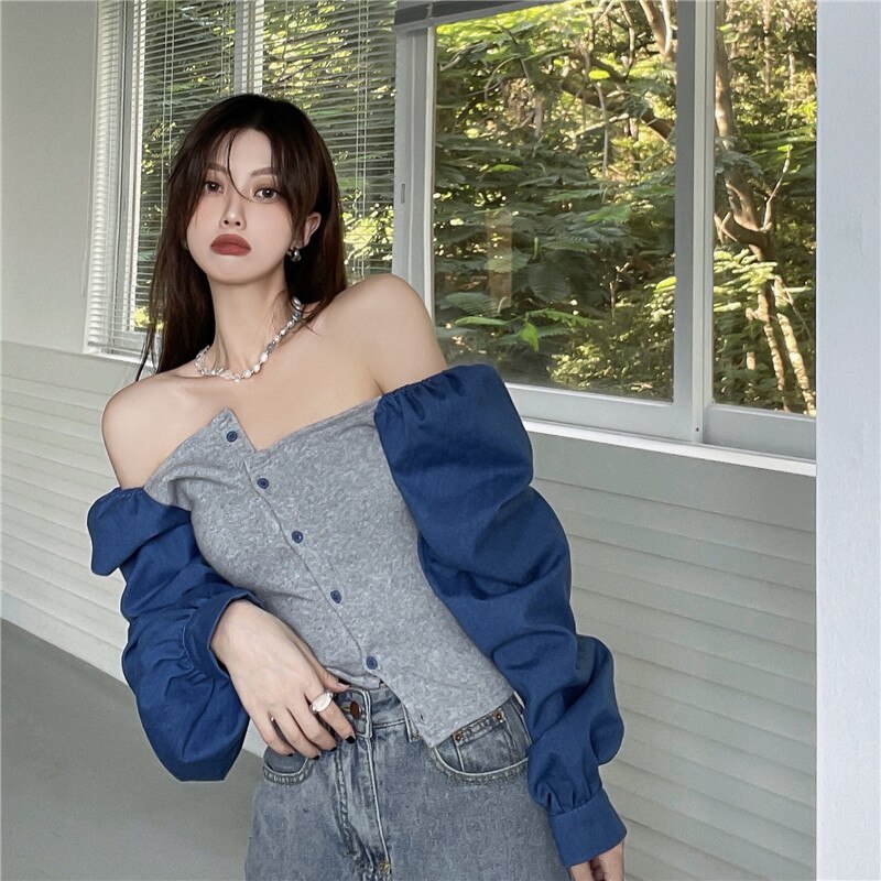 เสื้อเชิ้ตเดนิมต่อผ้าสไตล์ฝรั่งเศสสำหรับผู้หญิง คอเหลี่ยม แขนตุ๊กตา แขนยาว ทรงครอป