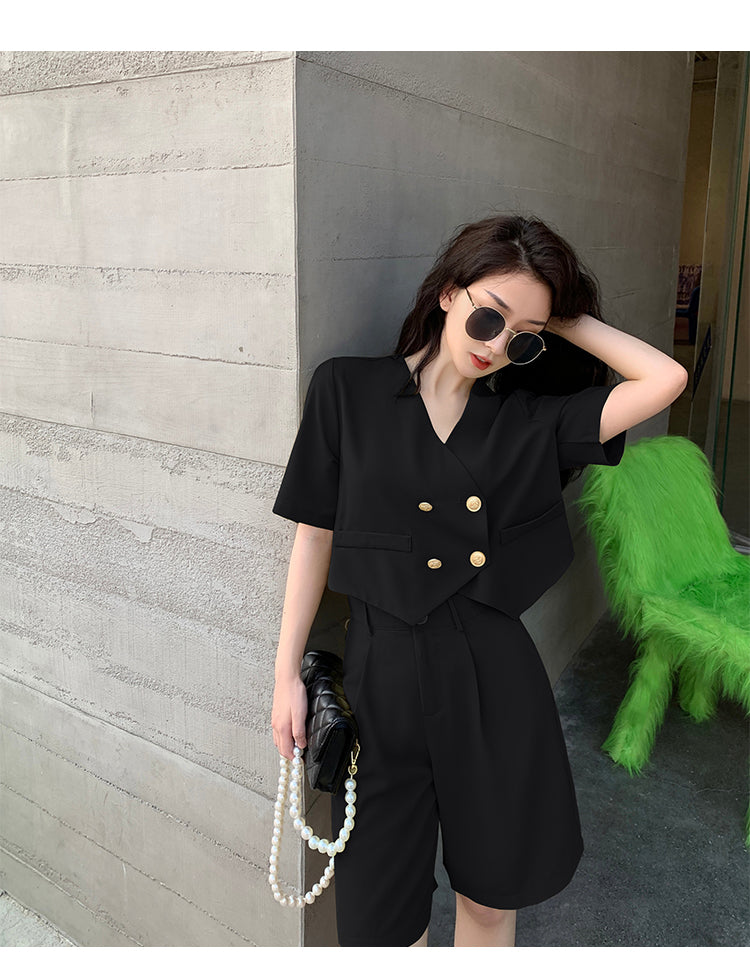 ชุดเซ็ตขาสั้นแฟชั่นใส่ทำงานสำหรับผู้หญิง สไตล์เกาหลี ชุดสูทสองชิ้นทรงหลวม เนื้อผ้าบางเบาสีฤดูร้อน