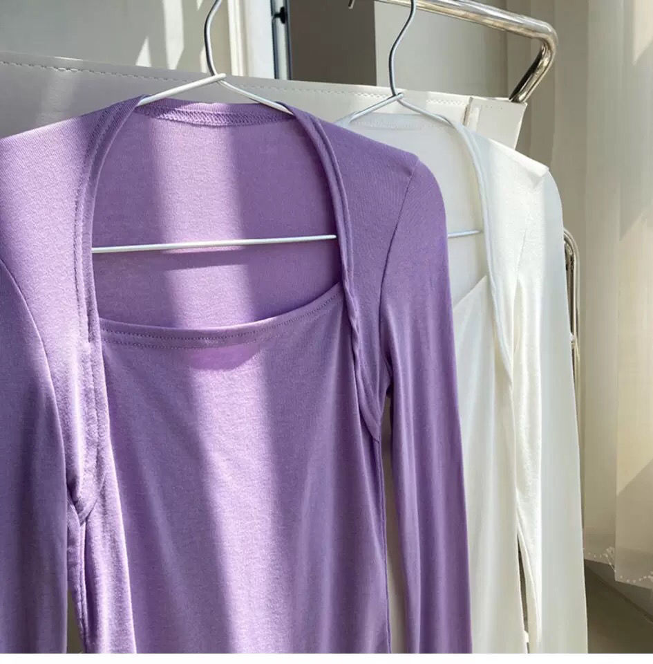 เสื้อแขนยาวผู้หญิง สีลูกกวาด เสื้อยืดรัดรูปแบบเซ็ตสองชิ้นหลอก สำหรับผู้หญิง