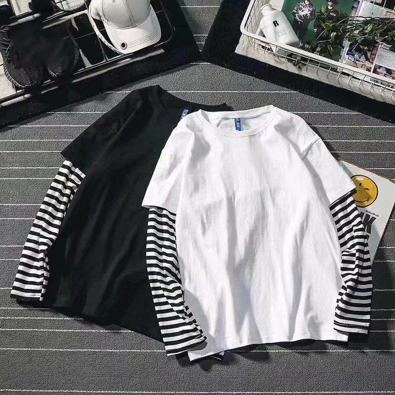 เสื้อยืดผู้หญิงแขนยาวแต่งตะเข็บสองสีแบบหลอก จับคู่สี สไตล์ฮิปฮอป เสื้อตัวใน