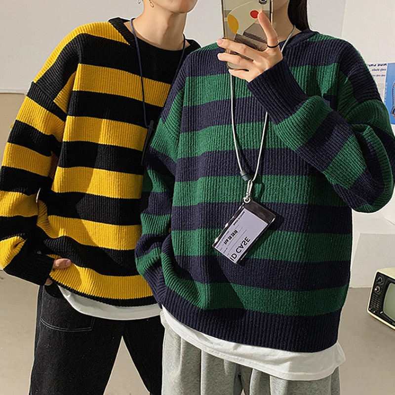 เสื้อสเวตเตอร์ไหมพรมลายทางสำหรับฤดูใบไม้ร่วงและฤดูหนาว เสื้อสวมหัวทรงโอเวอร์ไซส์สไตล์ลำลอง