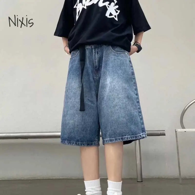 กางเกงยีนส์ขาสั้นสีฟ้ารetro สตรีทแฟชั่น เสื้อผ้าผู้หญิง Y2K โอเวอร์ไซส์