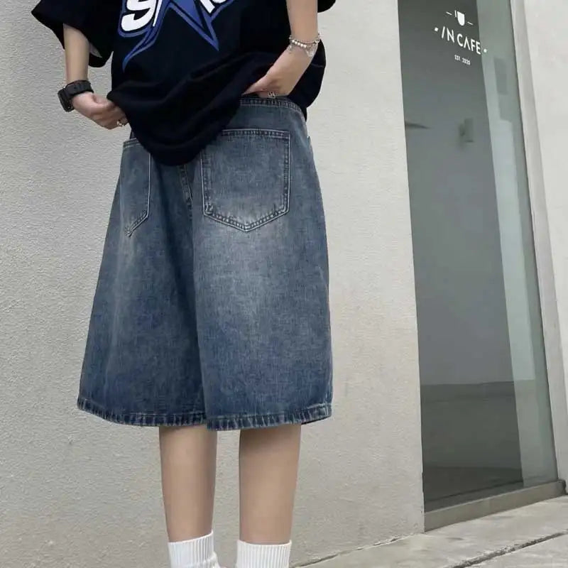 กางเกงยีนส์ขาสั้นสีฟ้ารetro สตรีทแฟชั่น เสื้อผ้าผู้หญิง Y2K โอเวอร์ไซส์